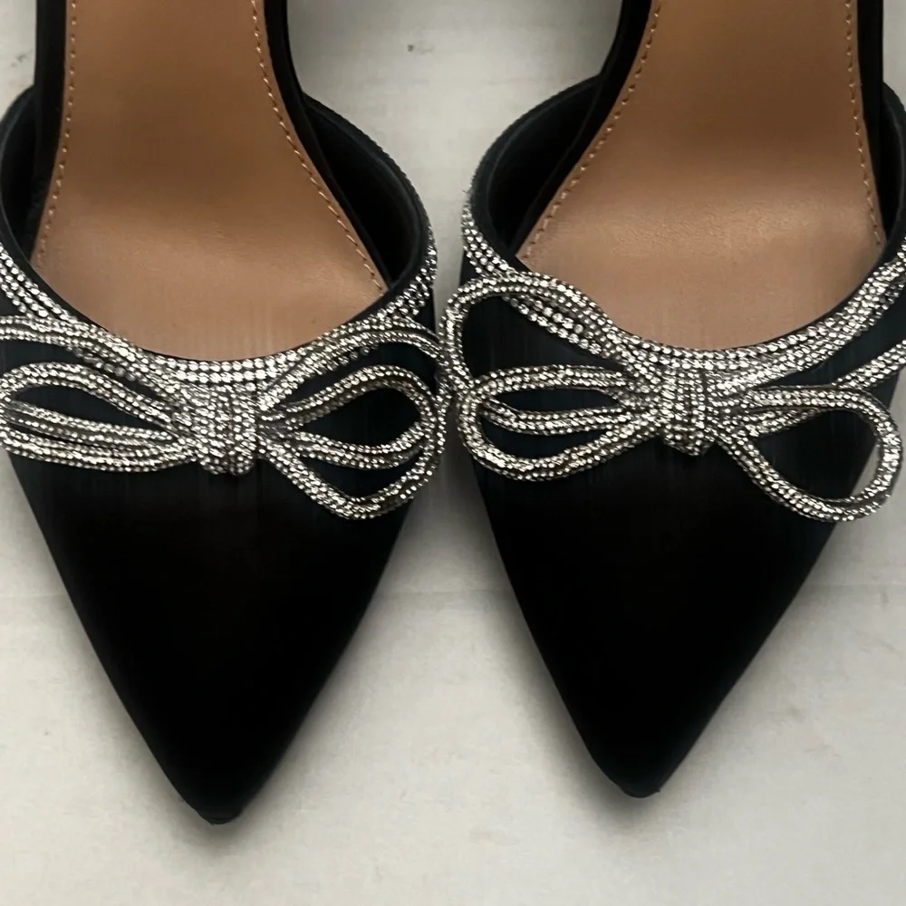 BCBGeneration Black Satin Heels Rhinestone Bows Pointed Toe Shoes Womens Sz 9.5